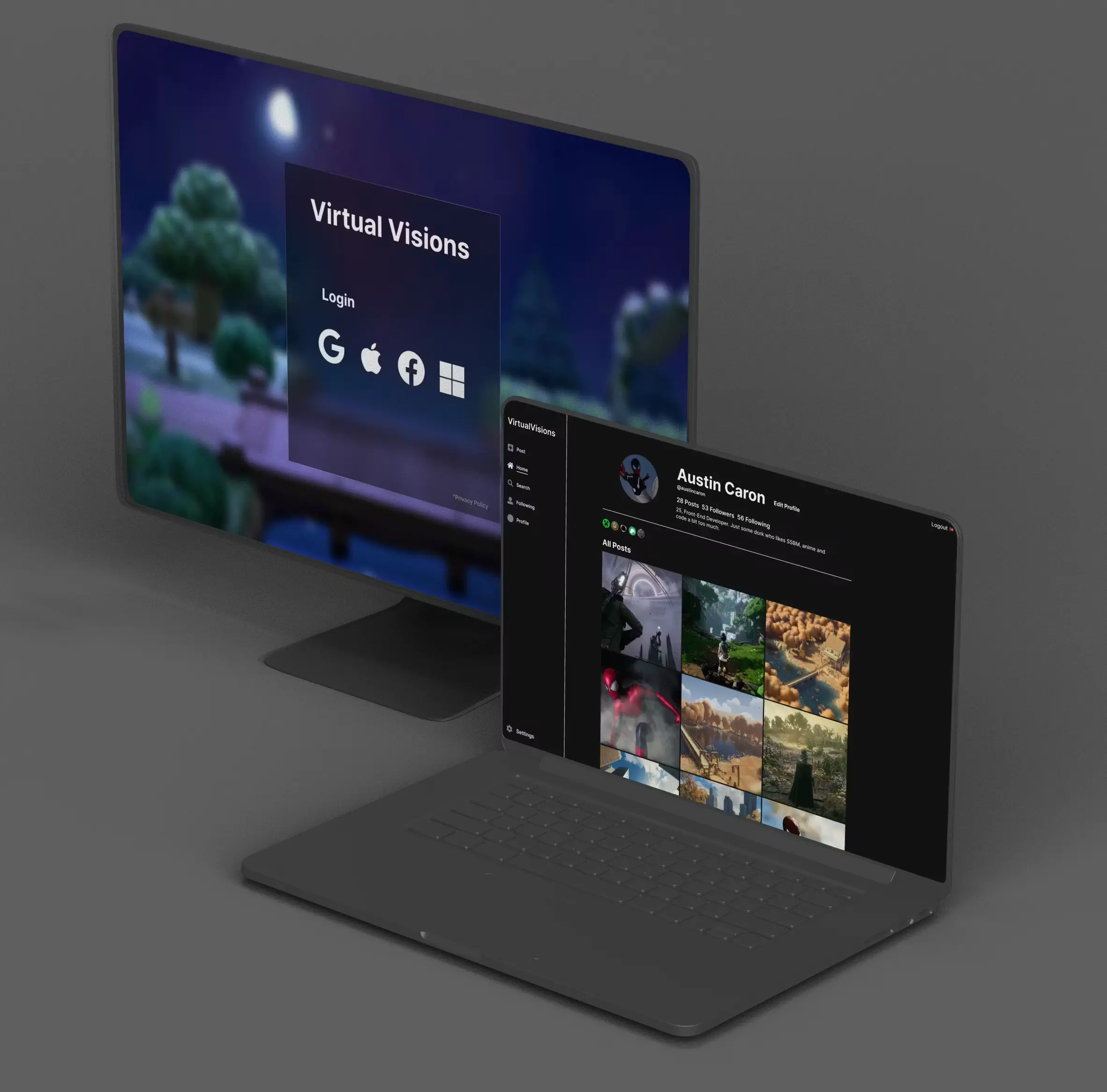 Two desktop screens beside each other facing diagonally left. The first screen contains a preview of the Virtual Visions profile page. The profile name is Austin Caron, with the profile picture being a photo of Cosmic Spider-Man. It contains their bio, favourite games, and collection of images they have posted. The second screen shows the Virtual Visions login page, with options to login with Google, Apple, Facebook, or email.